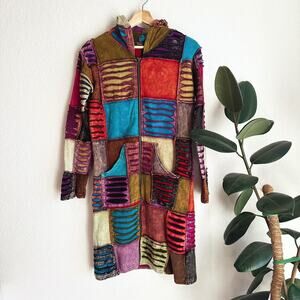Rising International Zip Up Hooded Long Cardigan Medium Patchwork Boho Hippie